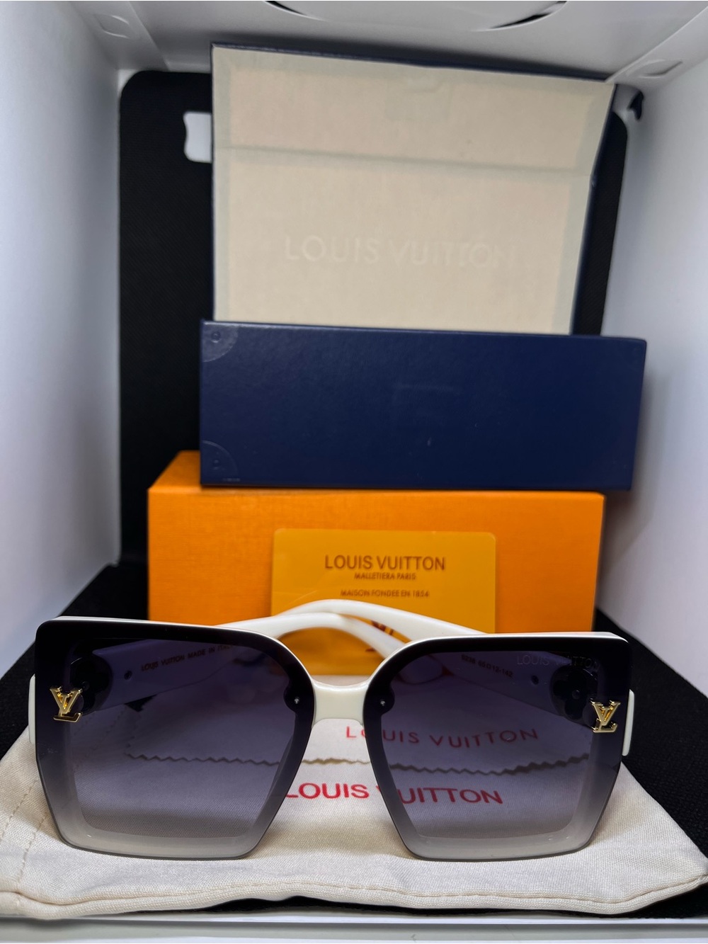 Louis Vuitton Black and White Square Gradient Sunglasses with Gold LV Accents